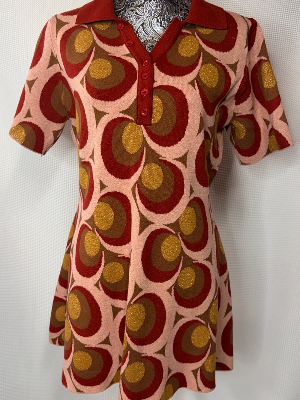 Cider Pink, Red and Gold Retro Collared Knit Mini Dress